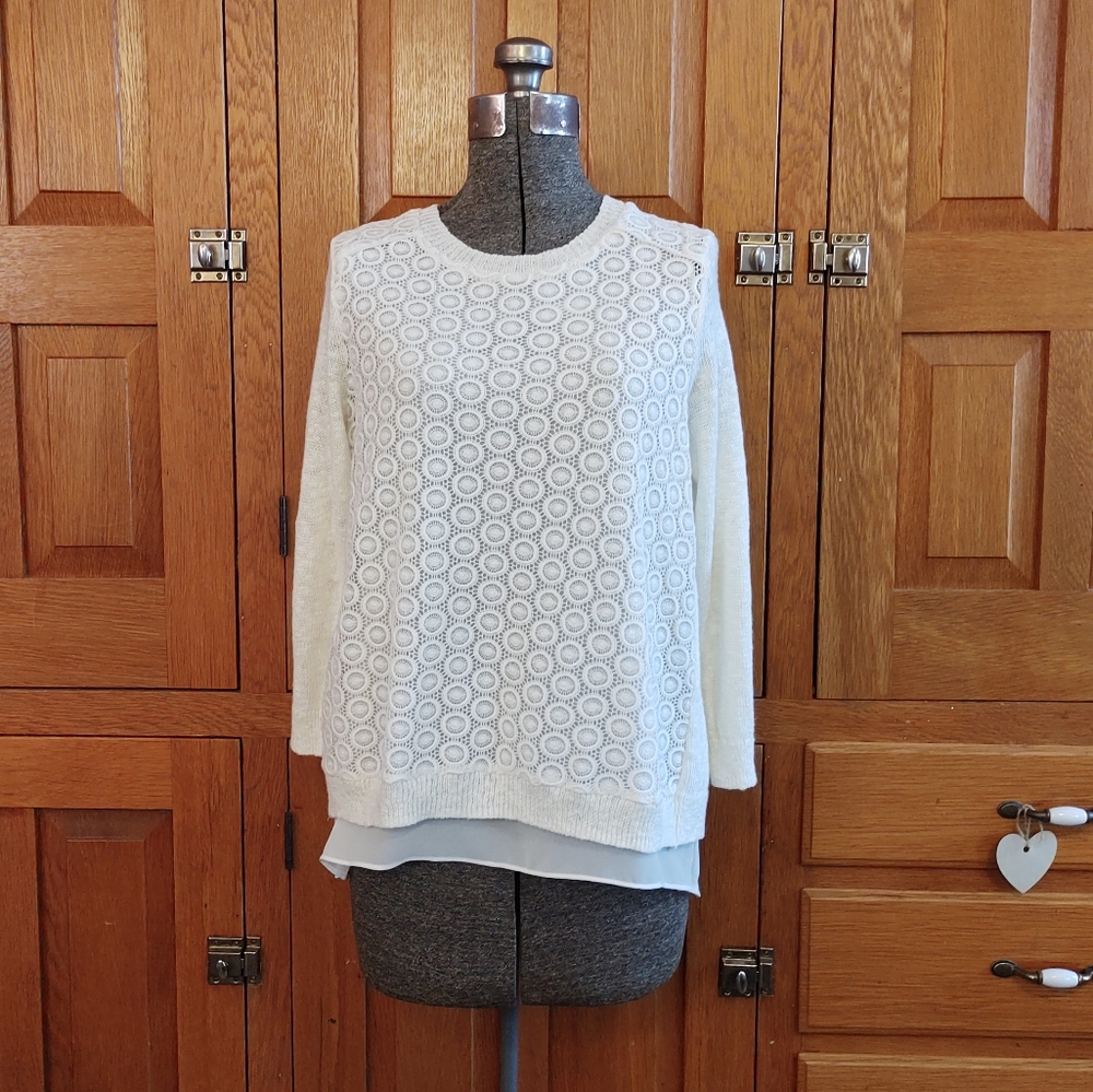 Lucky Brand ivory layered chiffon split back knit sweater